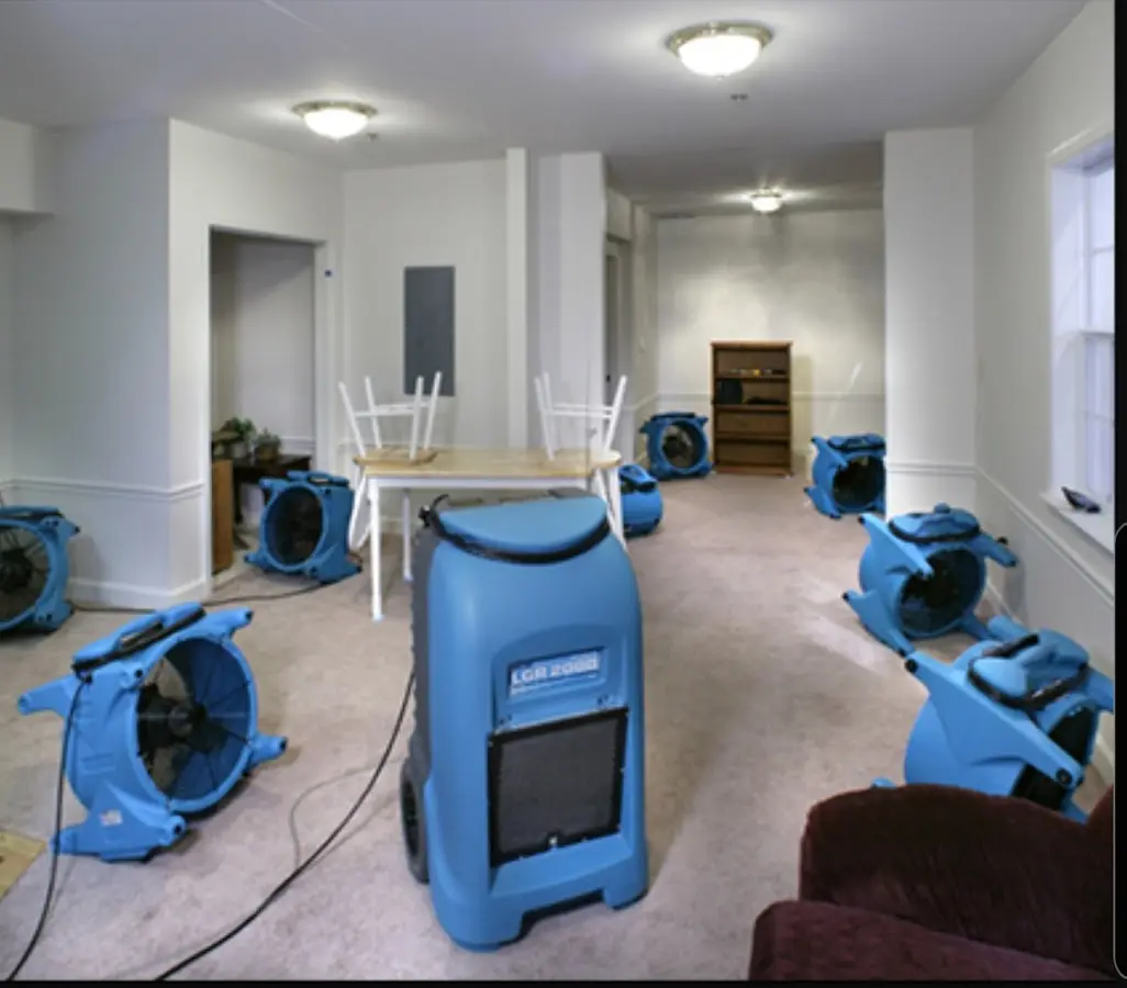 Air movers and dehumidifier setup for Water Extraction & Removal in Yorktown
